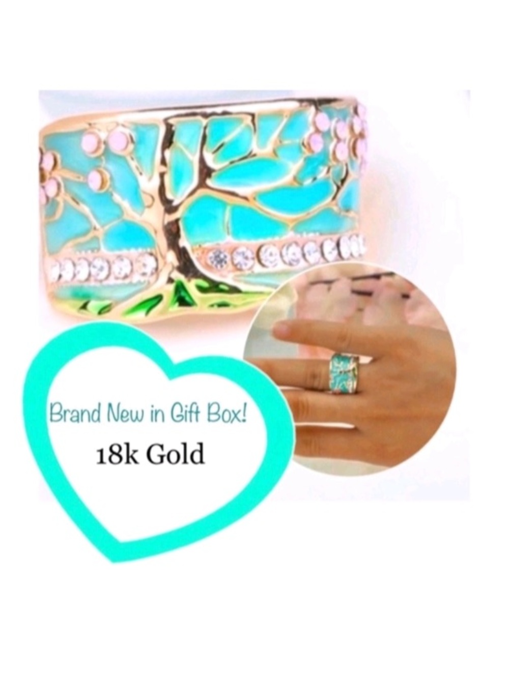 NIB 18k Gold Fire Opal and enamel tree of life Cherry blossom ring